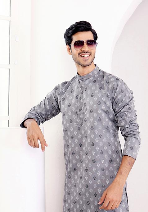 Grey Woven Viscose Kurta For Men