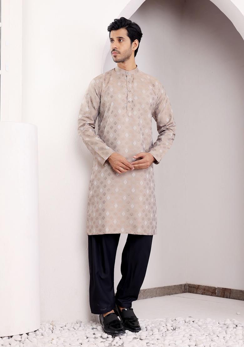 Light Brown Woven Viscose Kurta For Men