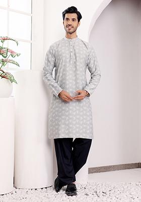 Light Grey Woven Viscose Kurta For Men