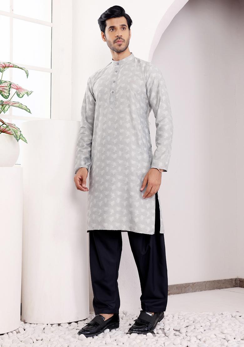 Light Grey Woven Viscose Kurta For Men