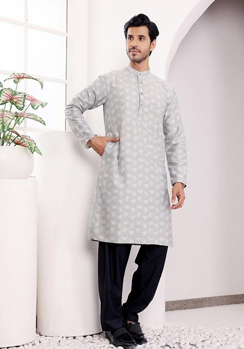 Light Grey Woven Viscose Kurta For Men