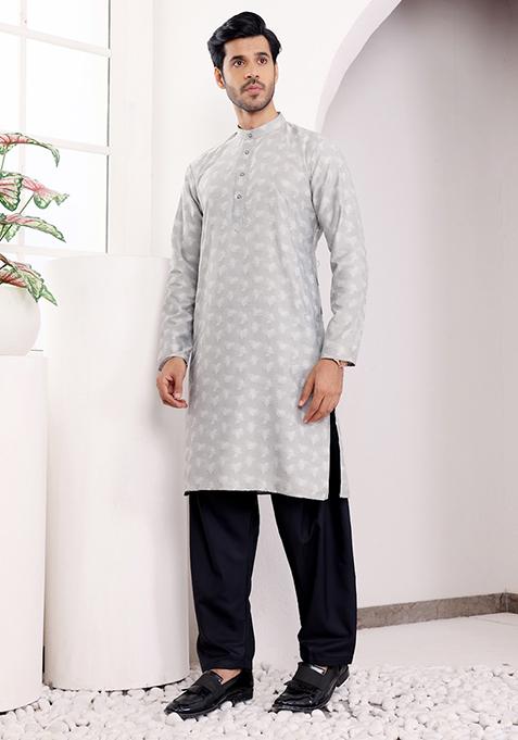 Light Grey Woven Viscose Kurta For Men
