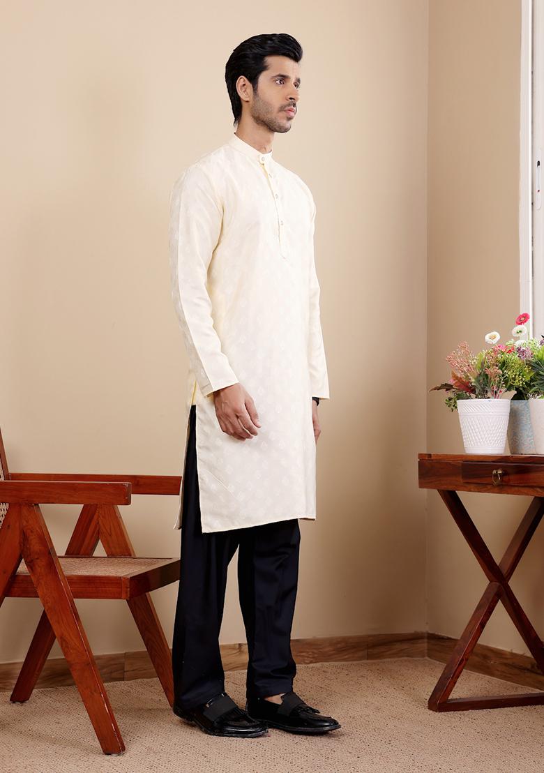 Off White Woven Viscose Kurta For Men