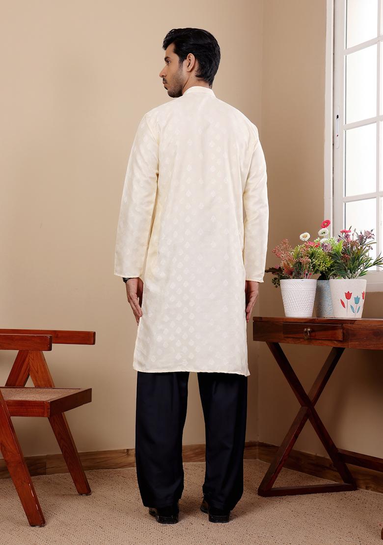 Off White Woven Viscose Kurta For Men