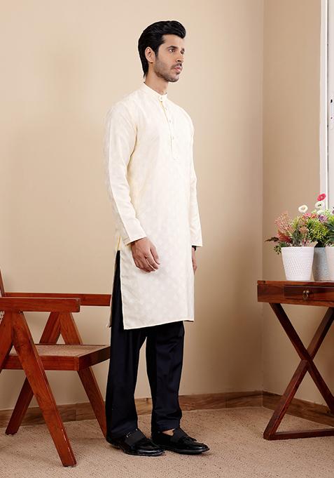 Off White Woven Viscose Kurta For Men