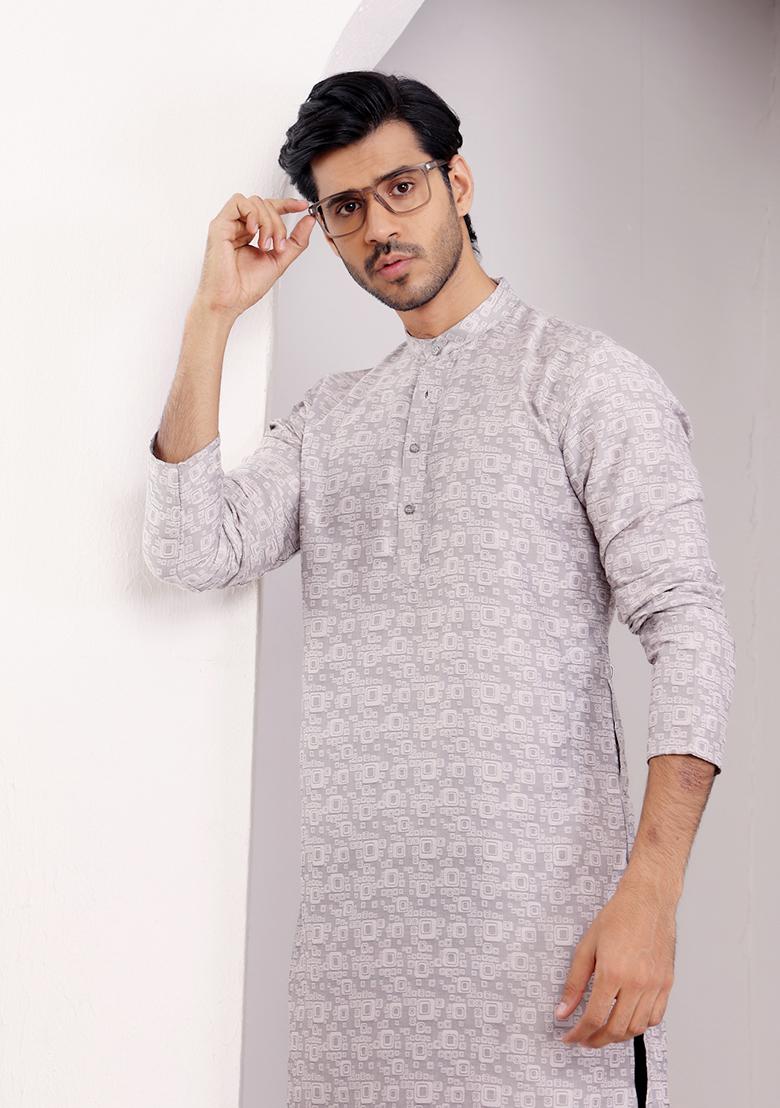 Light Grey Woven Viscose Kurta For Men