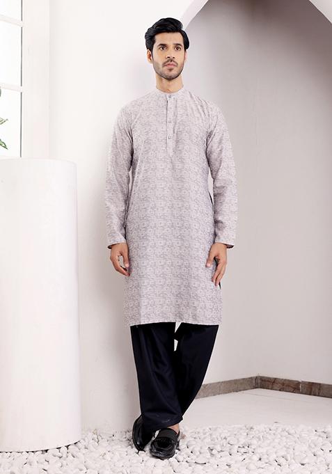 Light Grey Woven Viscose Kurta For Men