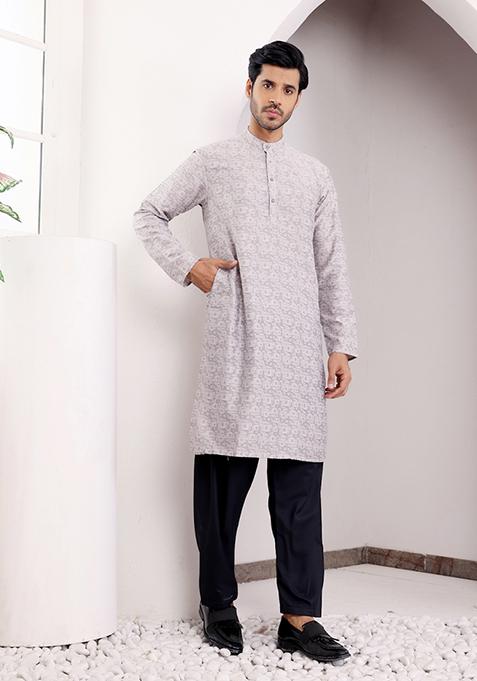 Light Grey Woven Viscose Kurta For Men