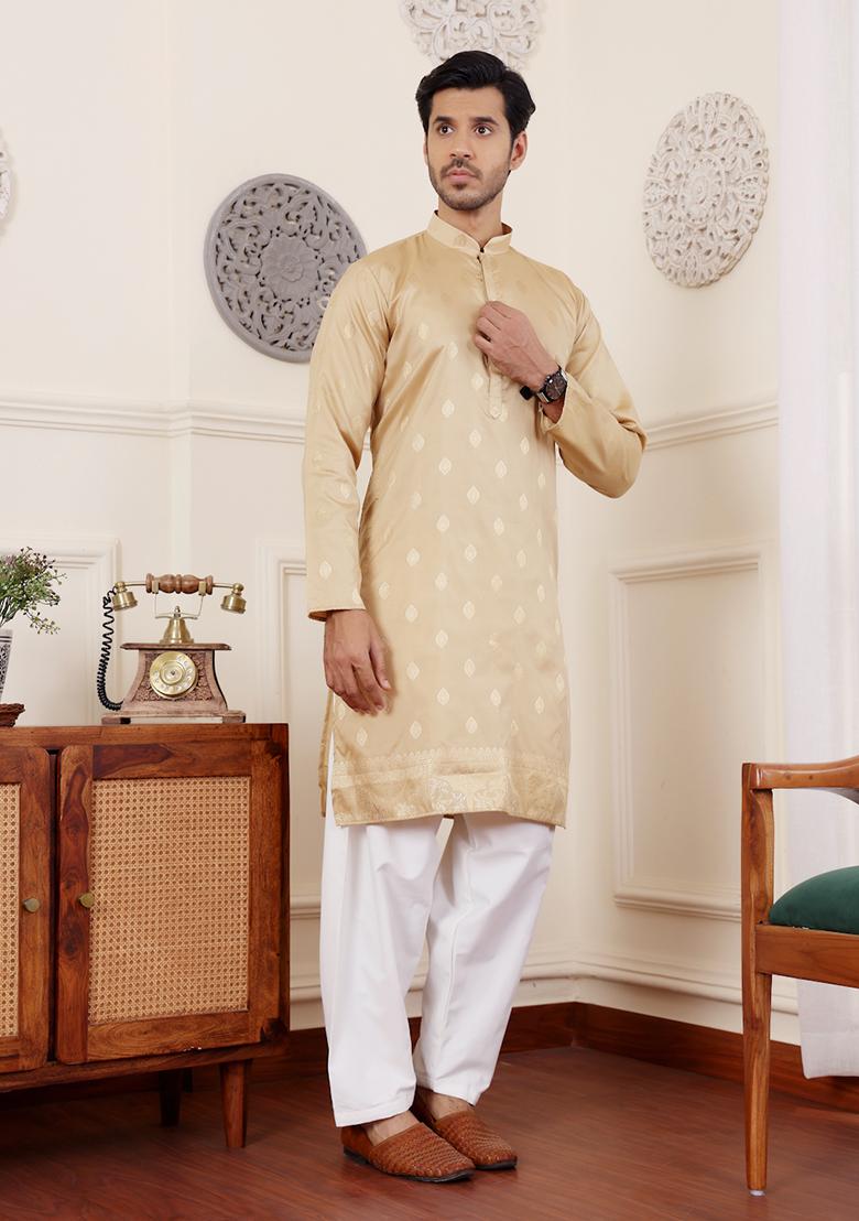 Beige Woven Viscose Kurta Pyjama Set For Men