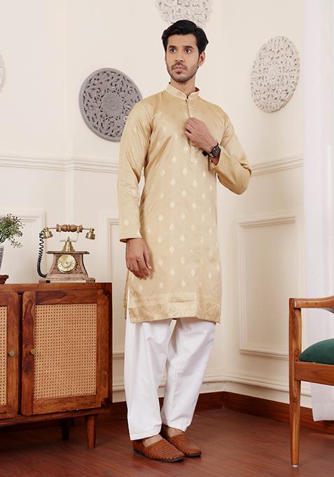 Beige Woven Viscose Kurta Pyjama Set For Men