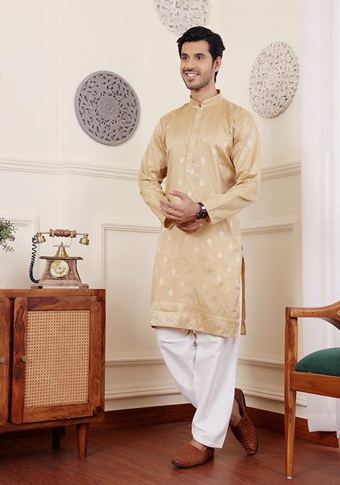 Beige Woven Viscose Kurta Pyjama Set For Men