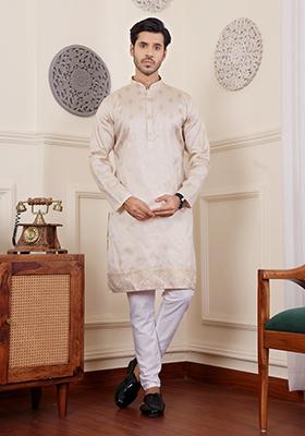 Cream Woven Viscose Kurta Pyjama Set For Men