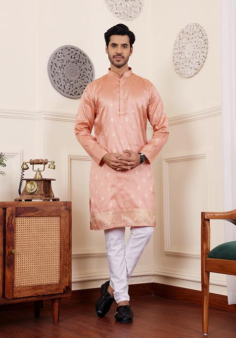 Orange Woven Viscose Kurta Pyjama Set For Men
