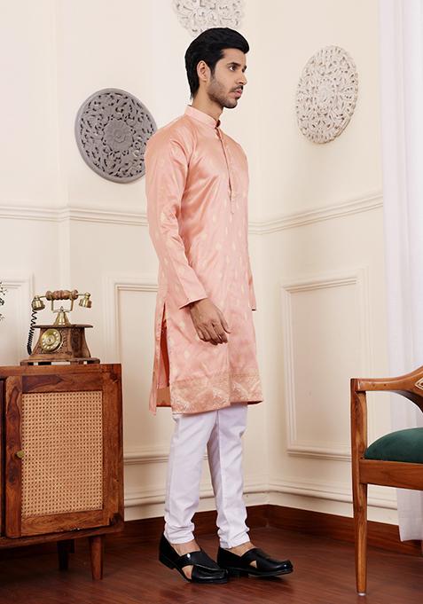Orange Woven Viscose Kurta Pyjama Set For Men