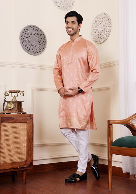 Orange Woven Viscose Kurta Pyjama Set For Men