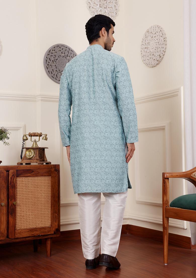 Blue Woven Viscose Kurta Pyjama Set For Men