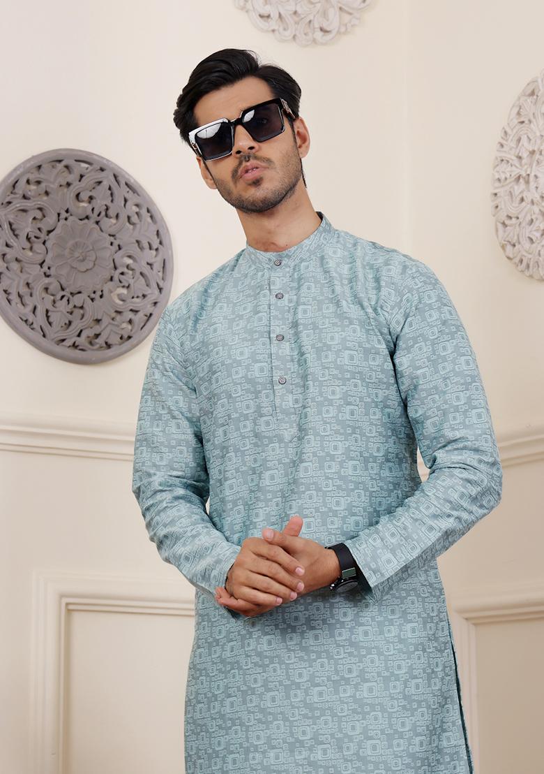 Blue Woven Viscose Kurta Pyjama Set For Men