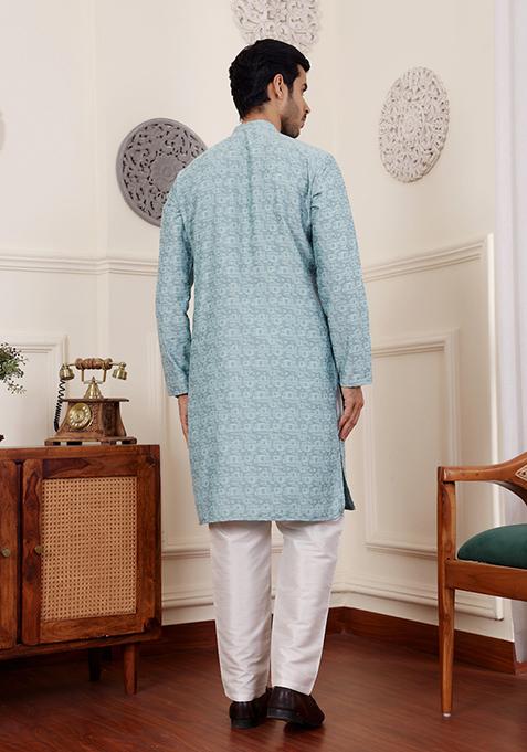 Blue Woven Viscose Kurta Pyjama Set For Men