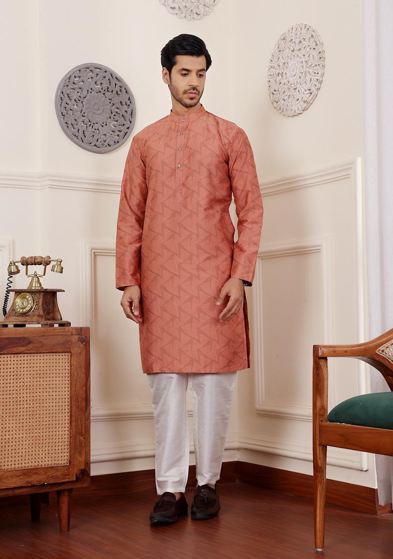 Rustic Orange Woven Viscose Kurta Pyjama Set For Men