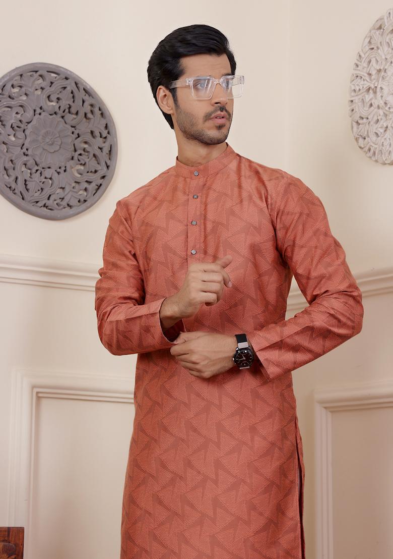 Rustic Orange Woven Viscose Kurta Pyjama Set For Men