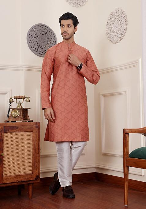 Rustic Orange Woven Viscose Kurta Pyjama Set For Men