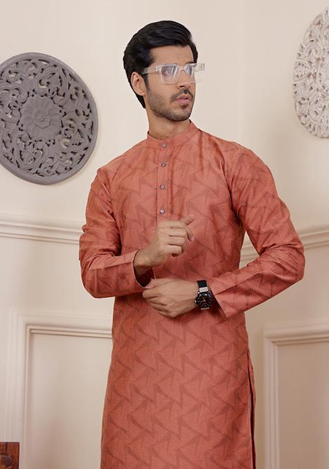 Rustic Orange Woven Viscose Kurta Pyjama Set For Men