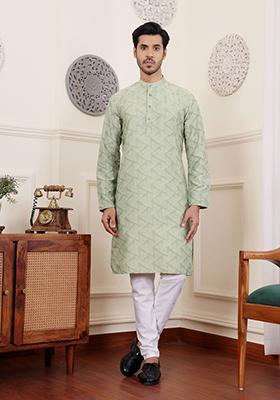 Green Woven Viscose Kurta Pyjama Set For Men