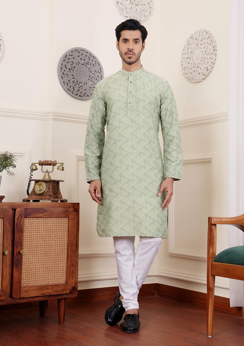 Green Woven Viscose Kurta Pyjama Set For Men