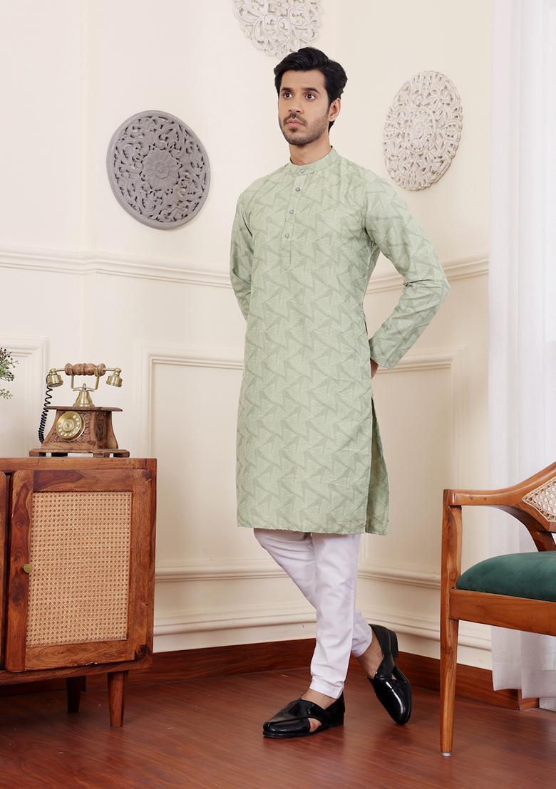Green Woven Viscose Kurta Pyjama Set For Men