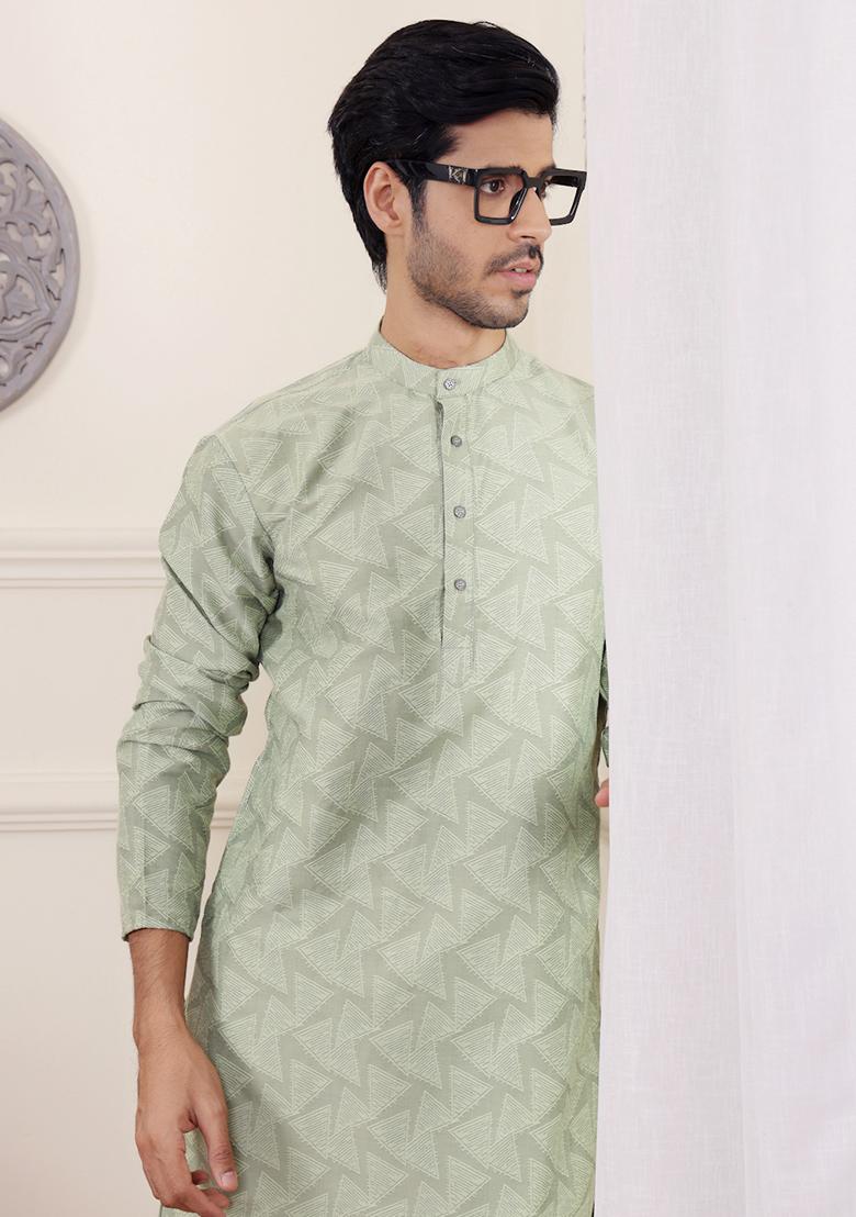 Green Woven Viscose Kurta Pyjama Set For Men