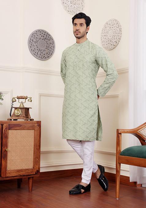 Green Woven Viscose Kurta Pyjama Set For Men