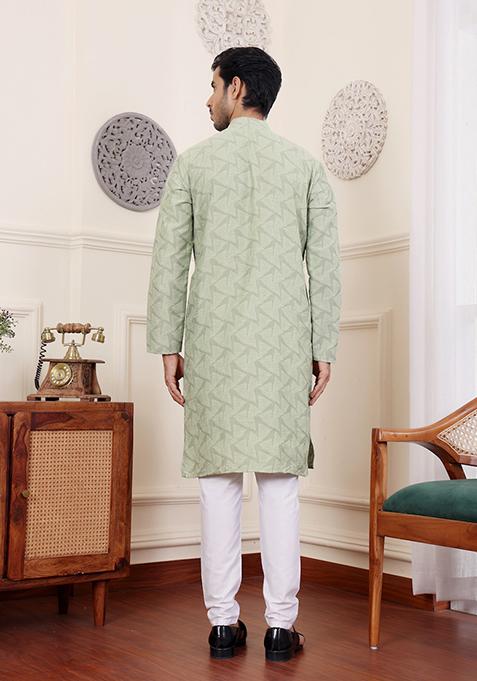 Green Woven Viscose Kurta Pyjama Set For Men