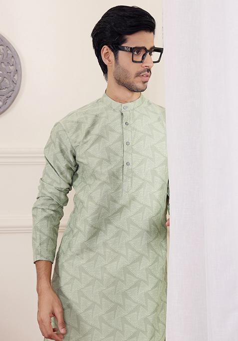 Green Woven Viscose Kurta Pyjama Set For Men