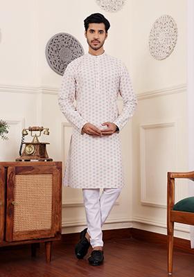 Cream Chikankari Embroidered Viscose Kurta Pyjama Set For Men