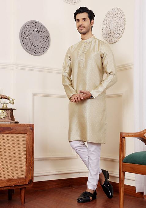 Golden And Green Woven Viscose Kurta Pyjama Set For Men