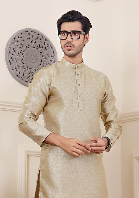 Golden And Green Woven Viscose Kurta Pyjama Set For Men