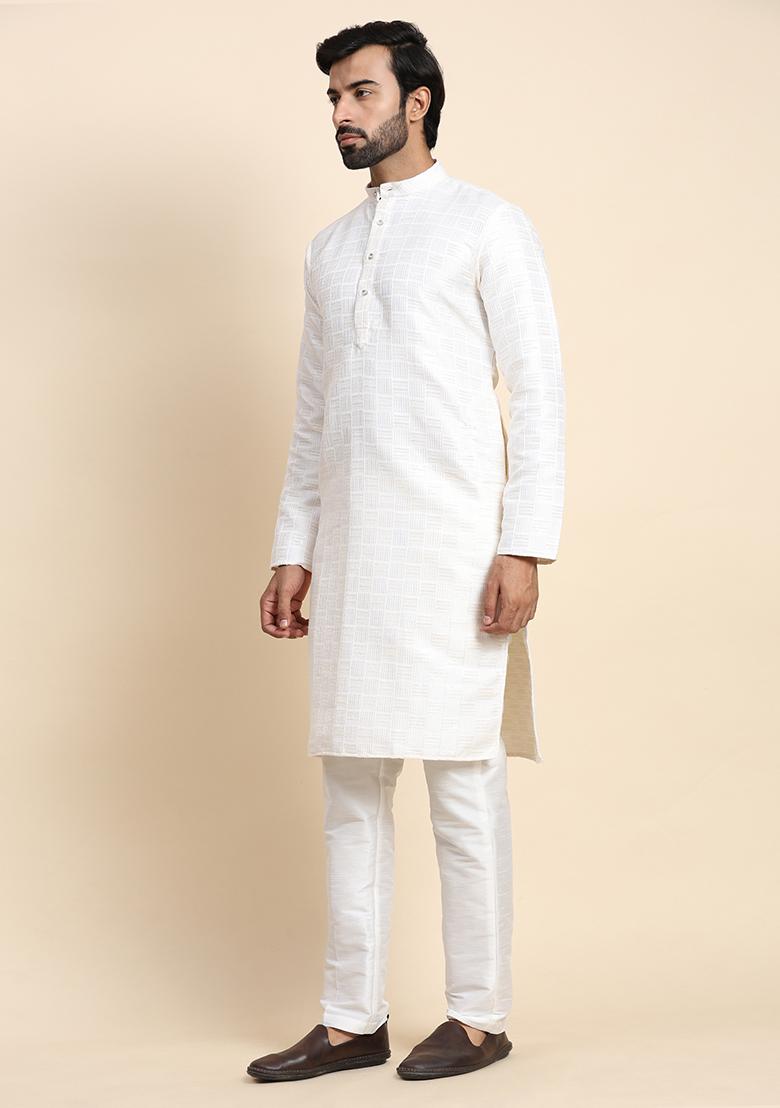 White Woven Viscose Jacquard Kurta Pyjama Set For Men
