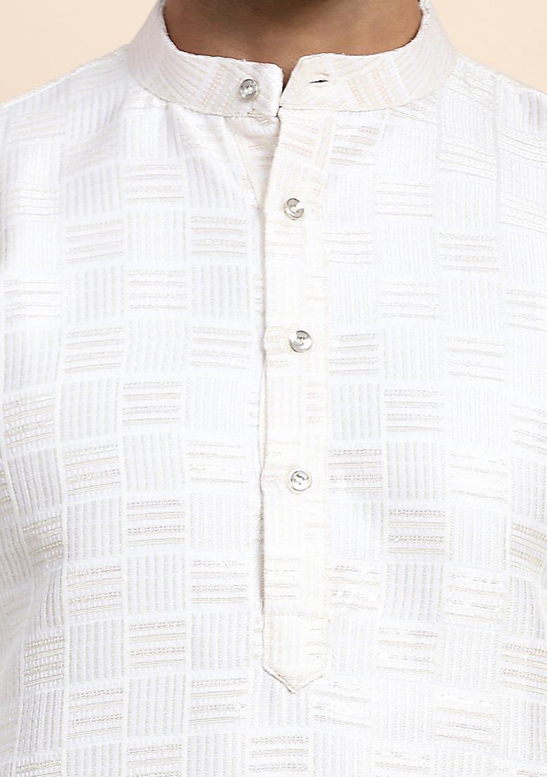 White Woven Viscose Jacquard Kurta Pyjama Set For Men