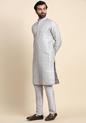 Grey Woven Viscose Jacquard Kurta Pyjama Set For Men