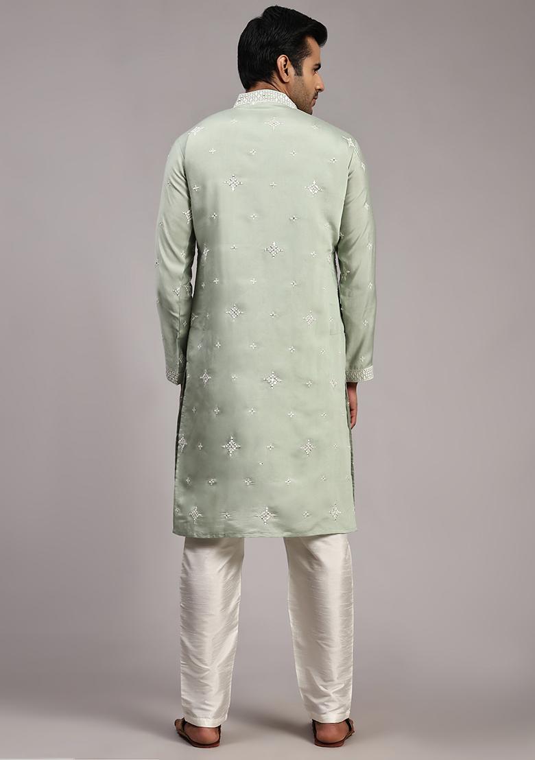 Light Green Embroidered Silk Kurta Pyjama Set For Men