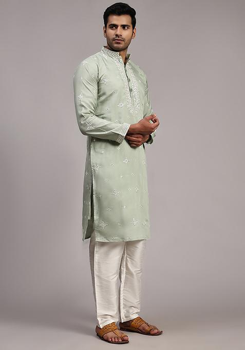 Light Green Embroidered Silk Kurta Pyjama Set For Men