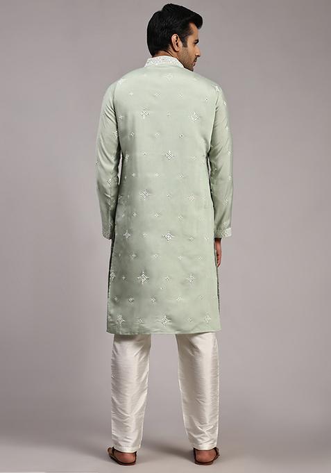 Light Green Embroidered Silk Kurta Pyjama Set For Men