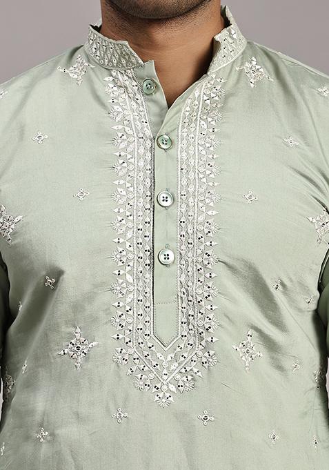 Light Green Embroidered Silk Kurta Pyjama Set For Men