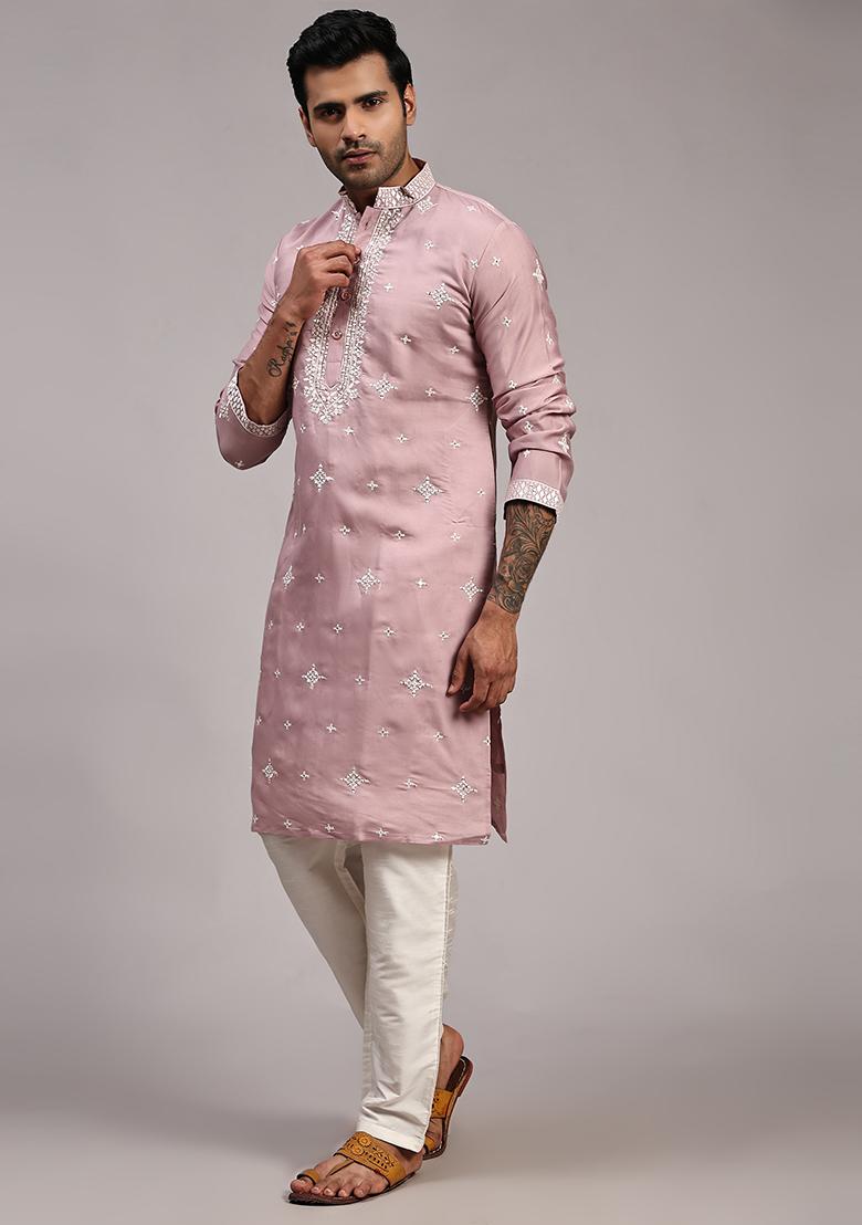Pink Embroidered Silk Kurta Pyjama Set For Men