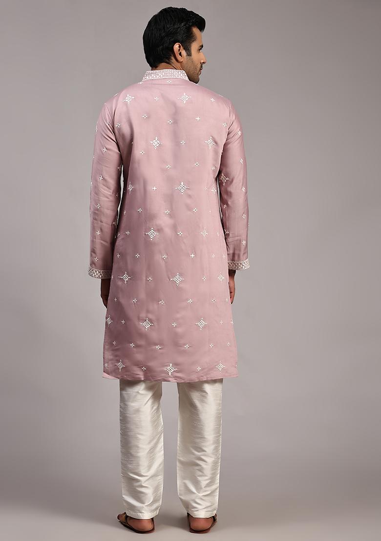 Pink Embroidered Silk Kurta Pyjama Set For Men