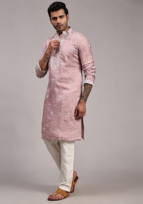 Pink Embroidered Silk Kurta Pyjama Set For Men