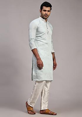 Light Blue Embroidered Silk Kurta Pyjama Set For Men