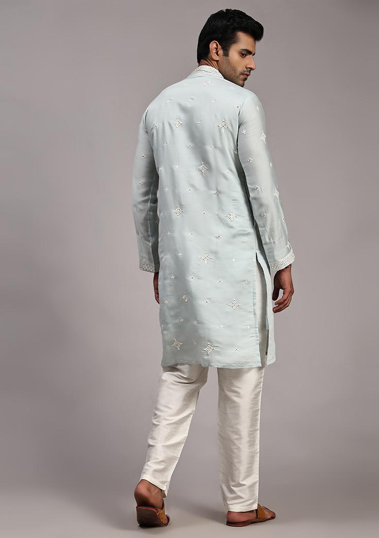Light Blue Embroidered Silk Kurta Pyjama Set For Men