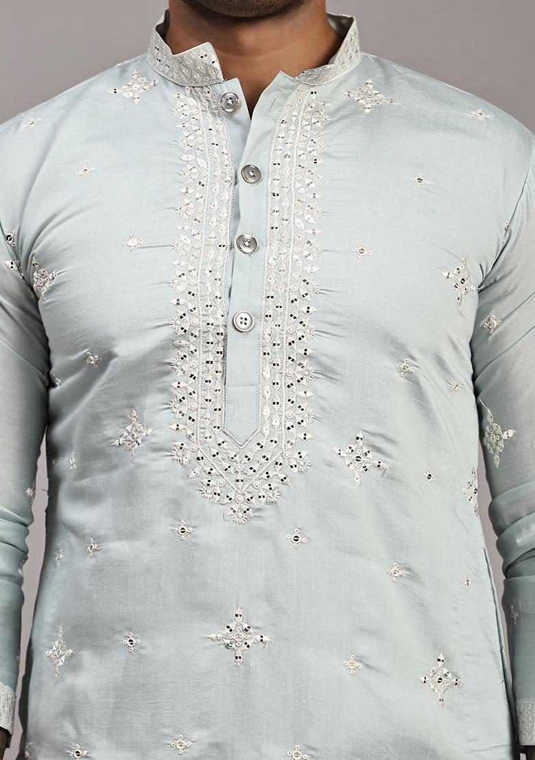 Light Blue Embroidered Silk Kurta Pyjama Set For Men