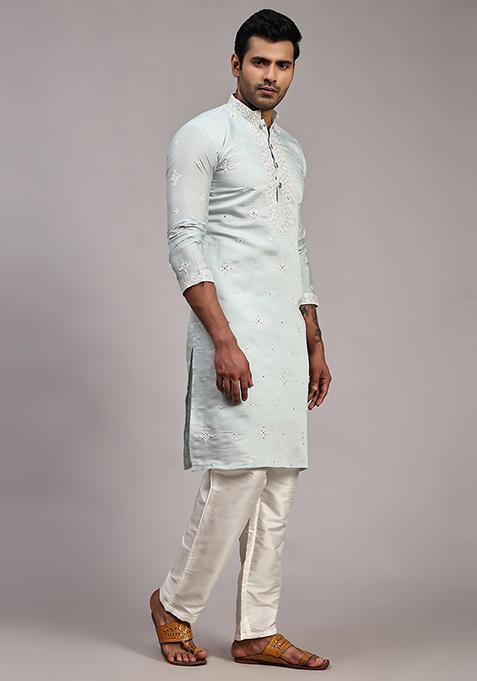 Light Blue Embroidered Silk Kurta Pyjama Set For Men